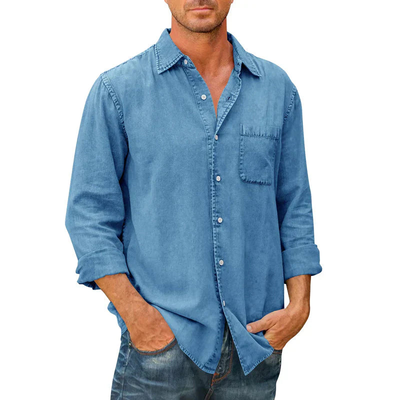 Denim overhemd met lange mouwen en button-down voor heren