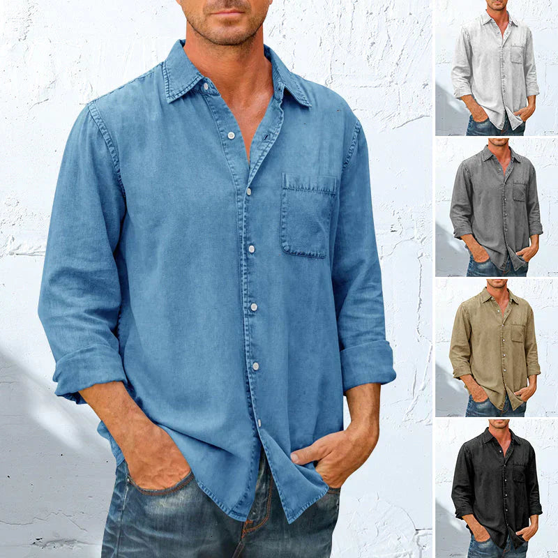 Denim overhemd met lange mouwen en button-down voor heren