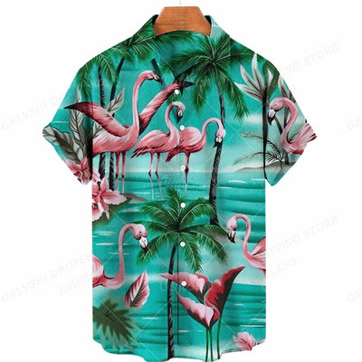 Nico - 3D flamingo bedrukt Hawai overhemd